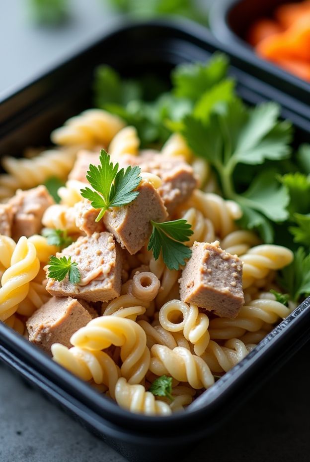 A vibrant and healthy 3-Ingredient Tuna Pasta Salad featuring pasta, canned tuna, and herbs in a meal prep box.