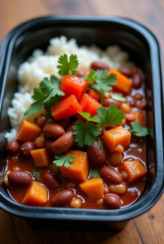 Baked Bean & Sweet Potato Chili served over rice, garnished with cilantro and bell peppers.