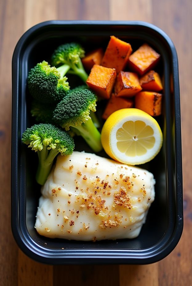 Healthy meal prep with baked cod, steamed broccoli, and roasted sweet potatoes for nutritious eating.