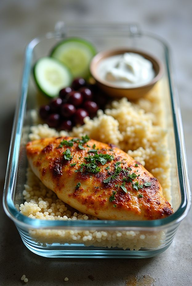 Baked Greek Chicken with Tzatziki and Couscous in meal prep container, fresh cucumbers, and grapes on the side.