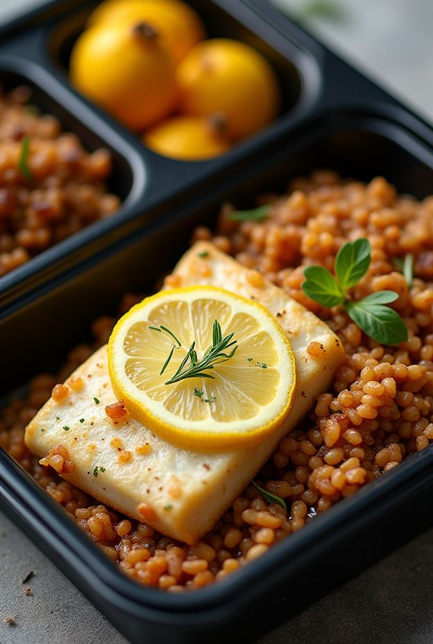 Baked halibut fillets with lemon and lentil pilaf in a meal prep container.