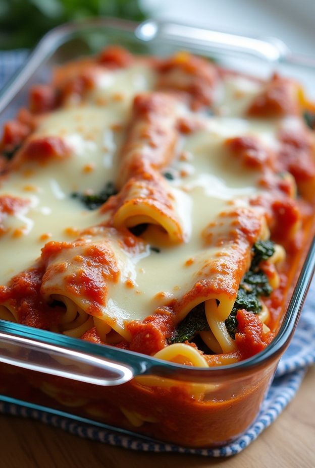 Baked Ziti with spinach, marinara sauce, and melted cheese served in a glass dish.