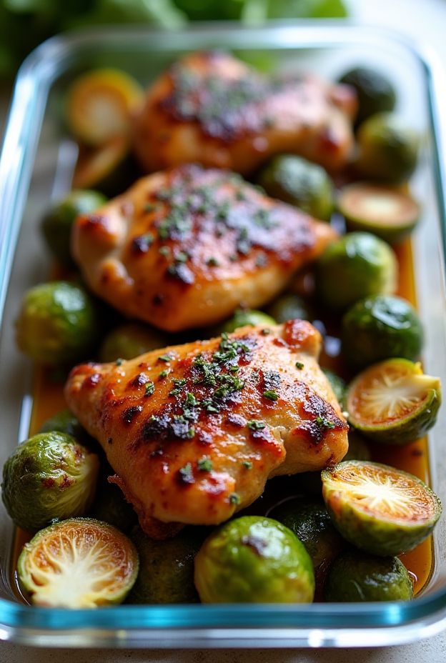 Balsamic chicken thighs with roasted Brussels sprouts, a nutritious and flavorful meal prepared in the oven.