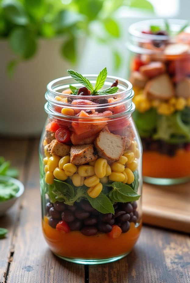 Healthy BBQ chicken salad jars layered with veggies, chicken, corn, and ranch for a nutritious meal prep option.