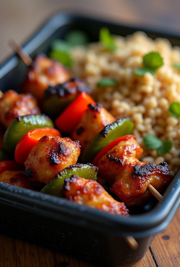 BBQ Chicken and Veggie Skewers served with grains for a nutritious meal prep option.