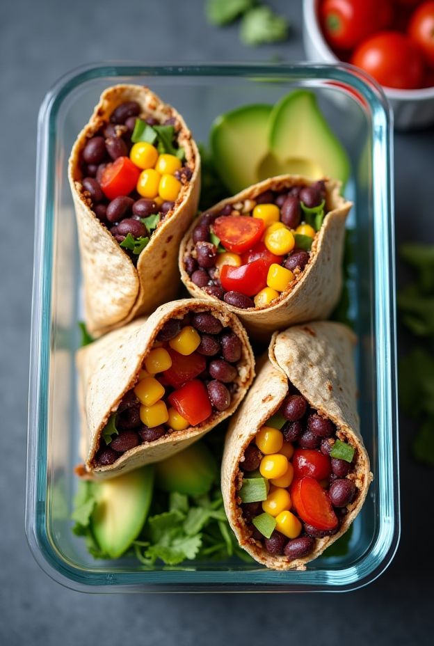 Healthy and colorful Black Bean & Corn Burrito Wraps in a meal prep container.