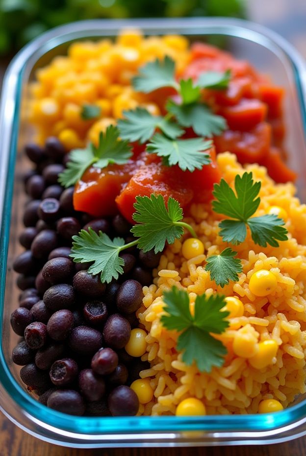 Budget-friendly Black Bean & Rice Burrito Bowls filled with beans, rice, corn, salsa, and cilantro in meal prep containers.