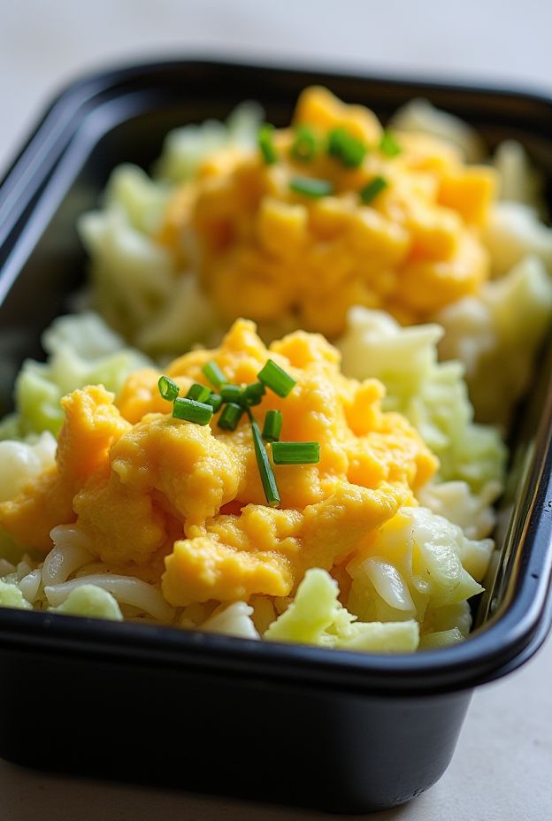 Healthy Cabbage and Egg Scramble Bowls, a nutritious meal prep recipe featuring sautéed cabbage topped with scrambled eggs.