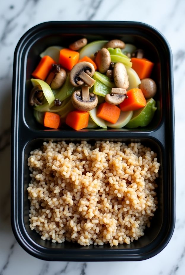 Cabbage and mushroom stir-fry served over brown rice, a quick and healthy meal prep option.