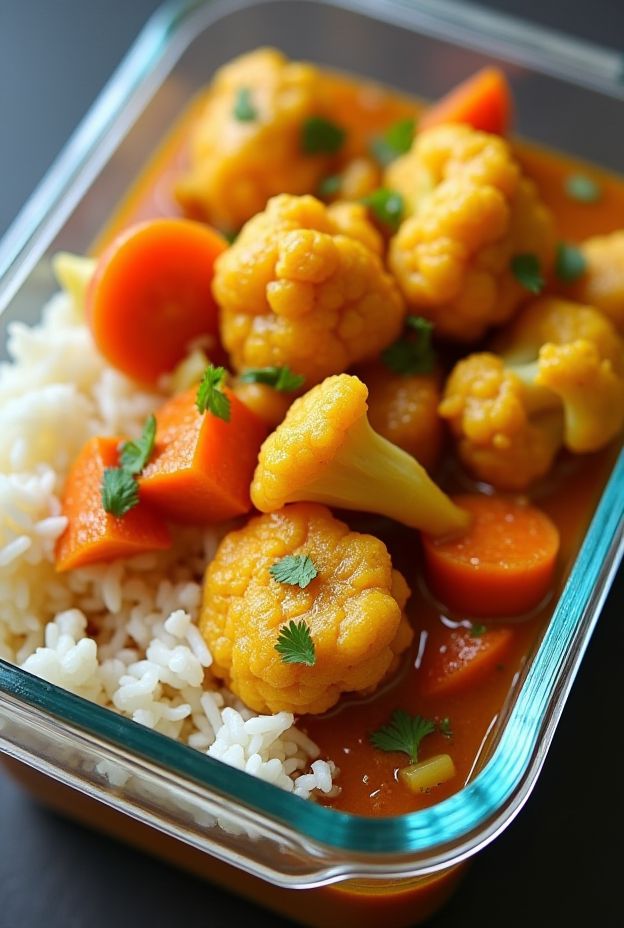 Light coconut curry with cauliflower and carrots served over steamed jasmine rice.
