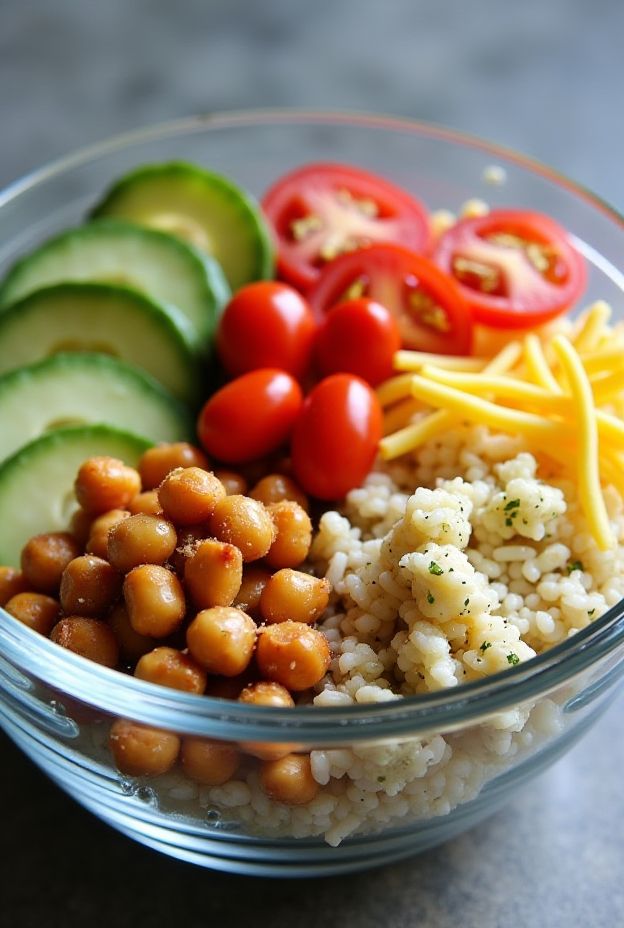 Colorful Cauliflower Rice Buddha Bowl with Tahini Dressing featuring fresh veggies and chickpeas for a healthy meal.