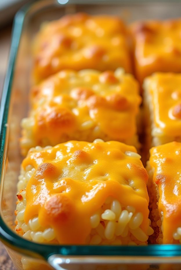 Cheesy Baked Rice Squares crafted from rice and cheddar for perfect portable snacks.