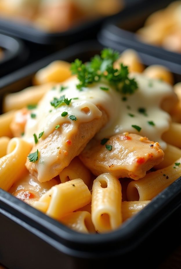 Creamy Chicken Alfredo Pasta Bake with succulent chicken and pasta in a cheesy Alfredo sauce topping.