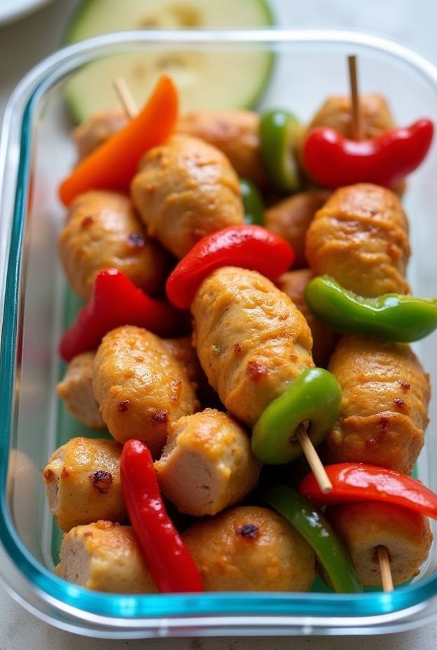 Colorful Chicken & Apple Sausage Skewers with bell peppers and apples, perfect for grilling.