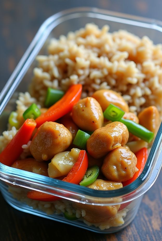 Healthy Chicken & Cabbage Stir-Fry with vibrant vegetables served over brown rice for nutritious meal prep.