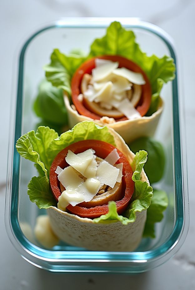 Healthy Chicken Caesar Wraps with lettuce, sliced tomatoes, and Parmesan cheese for meal prep.