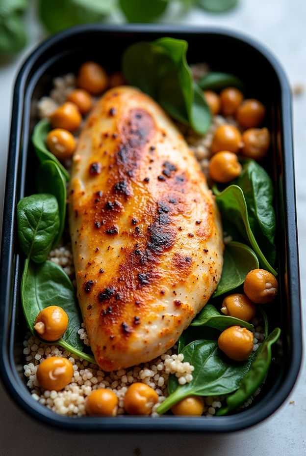 Healthy Chicken & Chickpea Protein Bowls with Quinoa and Spinach for meal prepping.