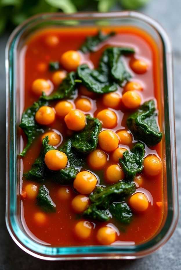 Chickpea & Spinach Stew in a glass container with vibrant tomato sauce and green spinach leaves.