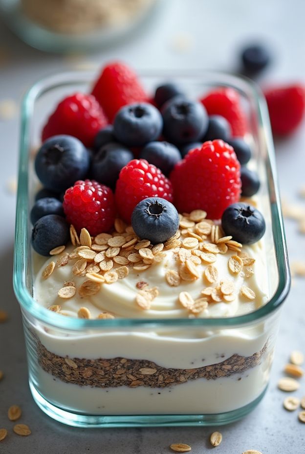 Healthy cottage cheese layered with oats, chia seeds, and fresh berries, perfect for meal prep.