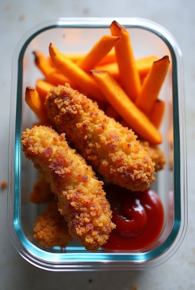 Crispy Chicken Tenders paired with Sweet Potato Fries in a meal prep container.