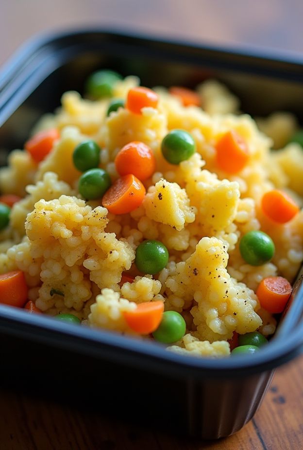 Egg Fried Cauliflower Rice with peas and carrots, a healthy low-carb dish.