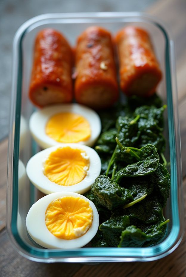 Healthy meal prep boxes with hard-boiled eggs, turkey sausage, and sautéed spinach for easy breakfasts.