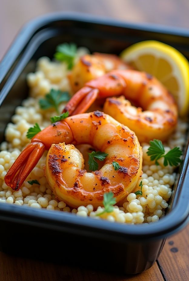 Garlic Butter Shrimp served with couscous and garnished with parsley and lemon slice, perfect for meal prep.