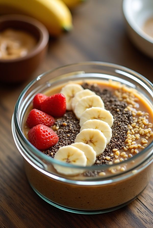 Delicious gluten-free breakfast quinoa bowl topped with almond butter, banana, and chia seeds for a nutritious morning meal.