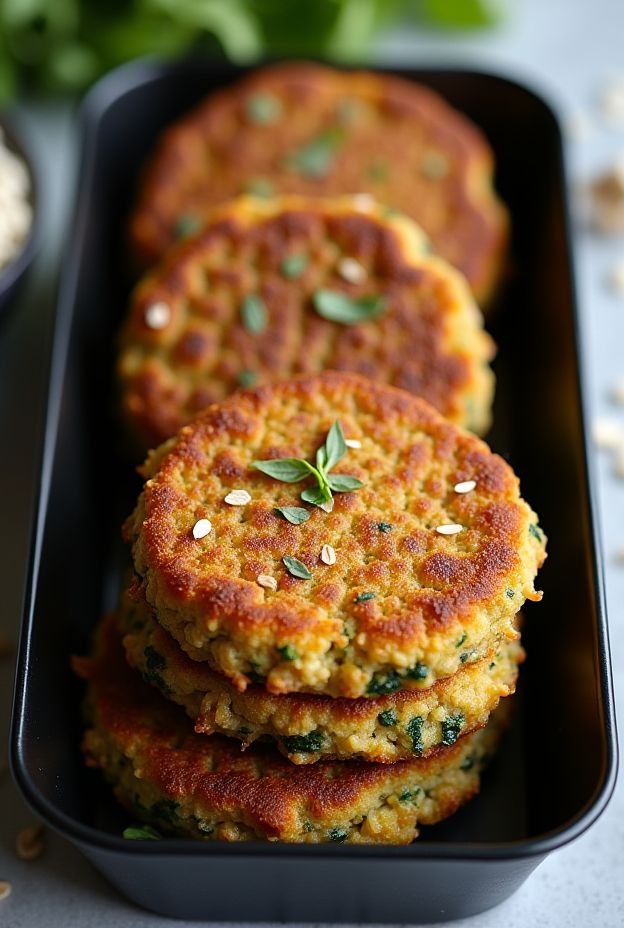 Homemade gluten-free quinoa veggie burgers made with zucchini and oats, served in a dish.