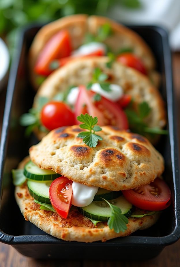 Greek Chickpea Pitas stuffed with chickpeas, tomatoes, cucumber, and yogurt sauce for a healthy meal.