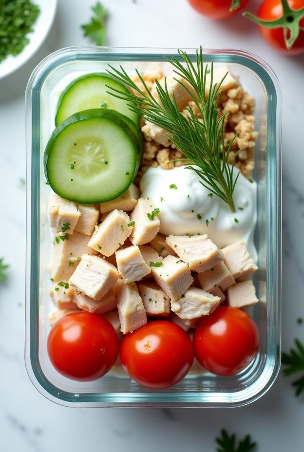 Healthy Greek Yogurt Chicken Salad featuring chicken, cucumber, tomatoes, and yogurt dressing in a meal prep container.