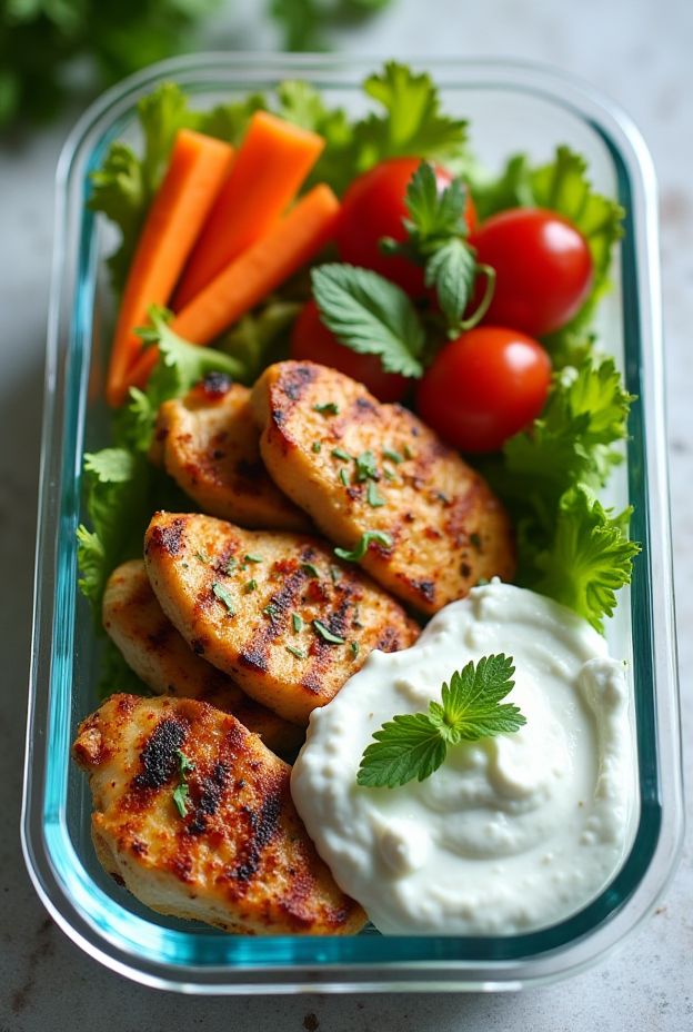 Grilled chicken with yogurt dip served alongside fresh veggies, a nutritious meal prep idea.