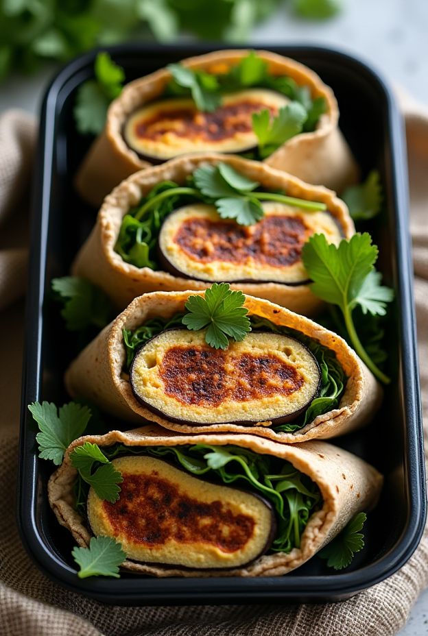 Grilled eggplant wraps filled with greens and hummus in whole-wheat tortillas, ideal for a healthy meal.