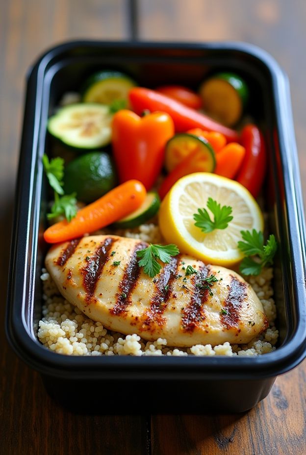 Grilled Lemon Herb Chicken served with quinoa and vibrant roasted vegetables for a healthy meal prep option.