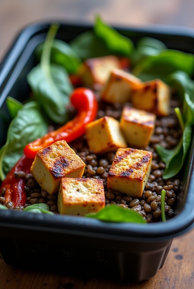 Grilled Tofu & Lentil Protein Box with spinach and peppers for healthy meal prep.