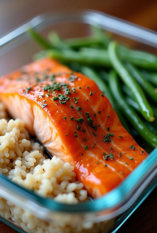 Healthy Honey Garlic Salmon with steamed green beans and brown rice, perfect for meal prep.