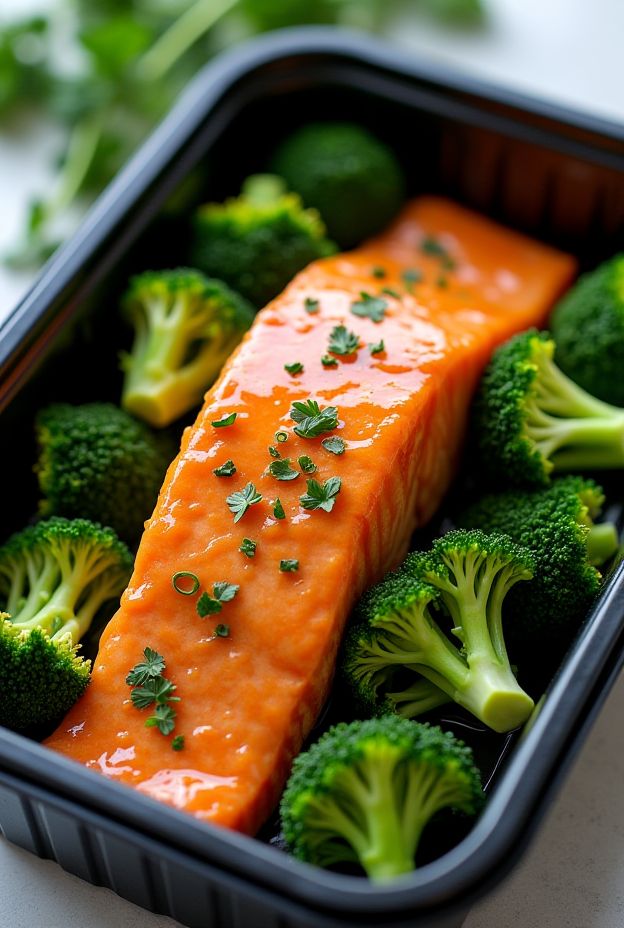 Honey Mustard Salmon fillets with steamed broccoli in a meal prep container, showcasing a healthy dish with vibrant colors.
