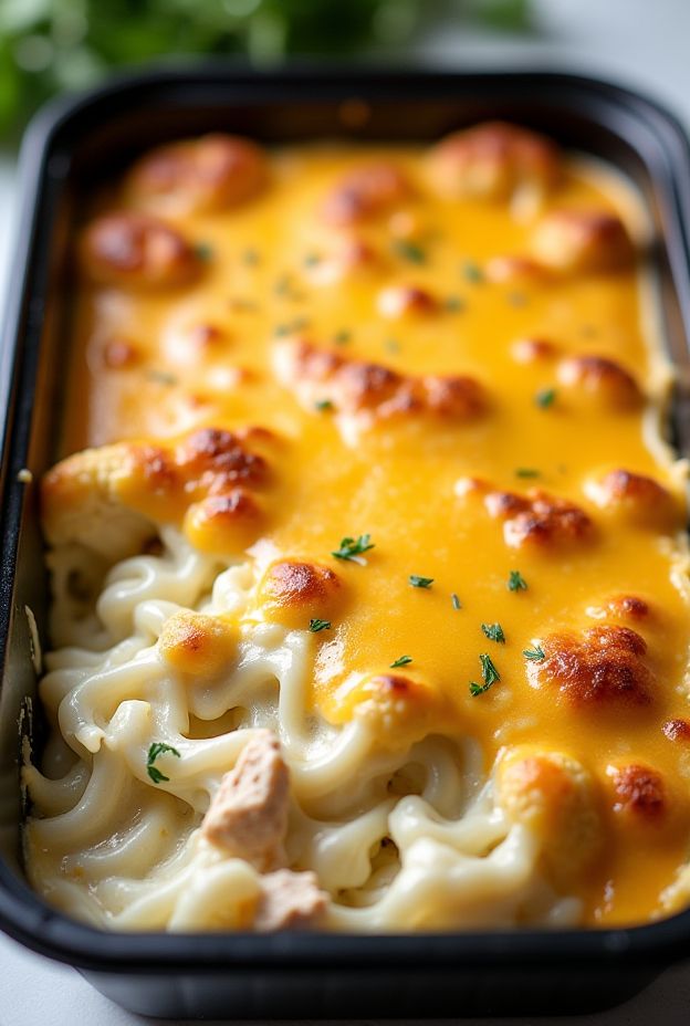 A creamy keto cauliflower and chicken alfredo bake topped with melted cheese, perfect for a low-carb meal.