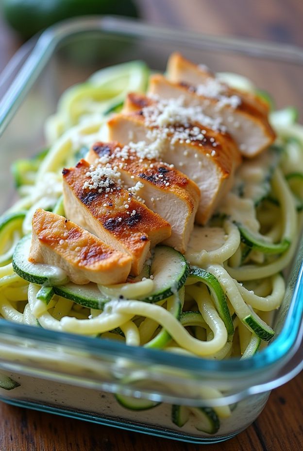 Keto Chicken Alfredo Zoodles with grilled chicken and creamy sauce for a healthy meal prep.