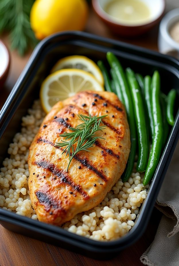 Lemon Dill Grilled Chicken served with barley and green beans, a nutritious meal prep choice.