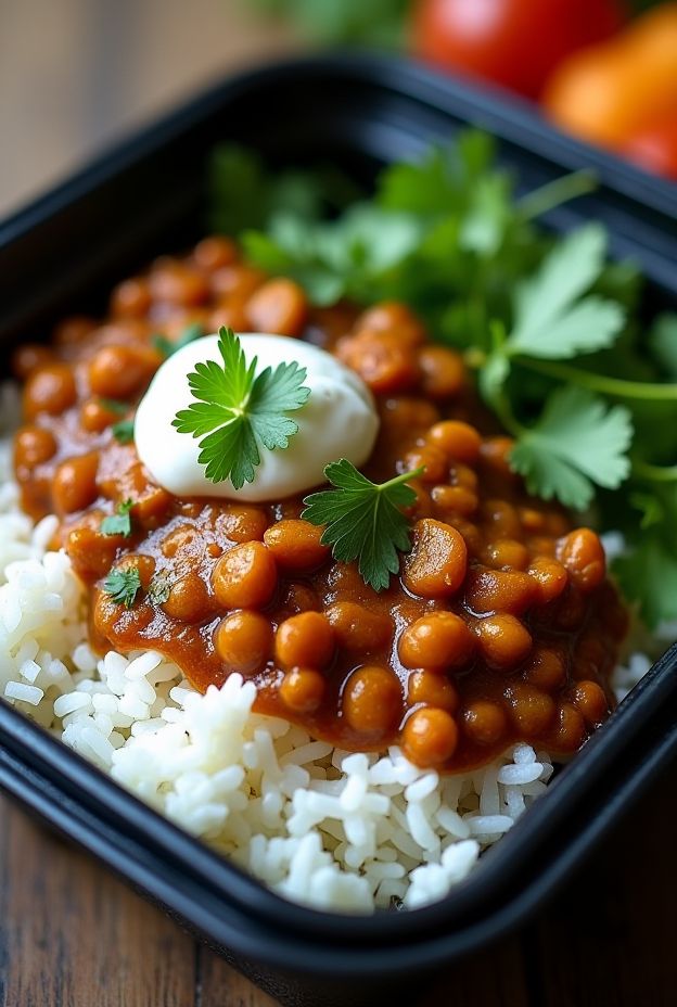 Lentil curry with steamed rice featuring fresh cilantro, ready for meal prep.