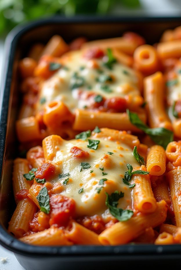 Hearty lentil and veggie pasta bake featuring penne pasta baked with zucchini and marinara sauce topped with melted cheese.