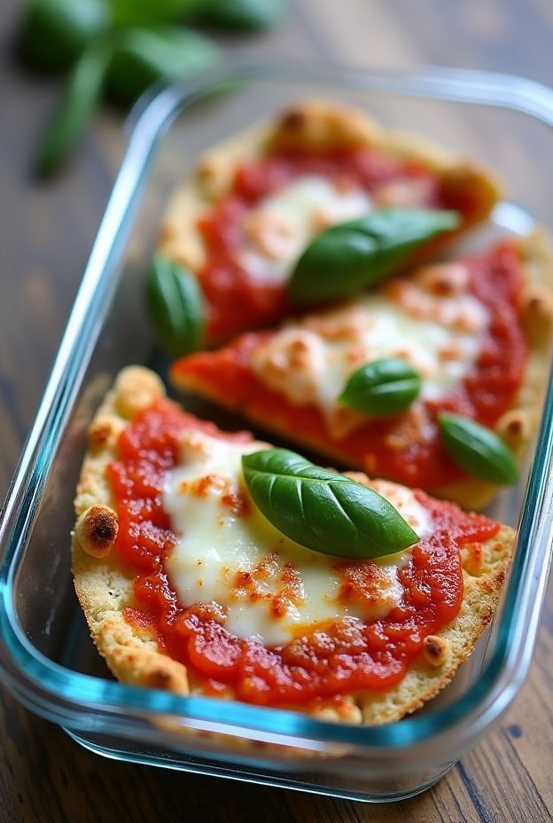Low-Carb Cauliflower Crust Pizza with tomato sauce and cheese, garnished with basil.