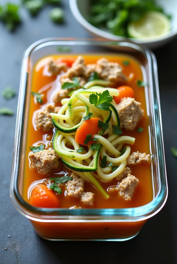 Low-Carb Turkey Zoodle Soup featuring zucchini noodles, ground turkey, and mixed vegetables in a flavorful broth.