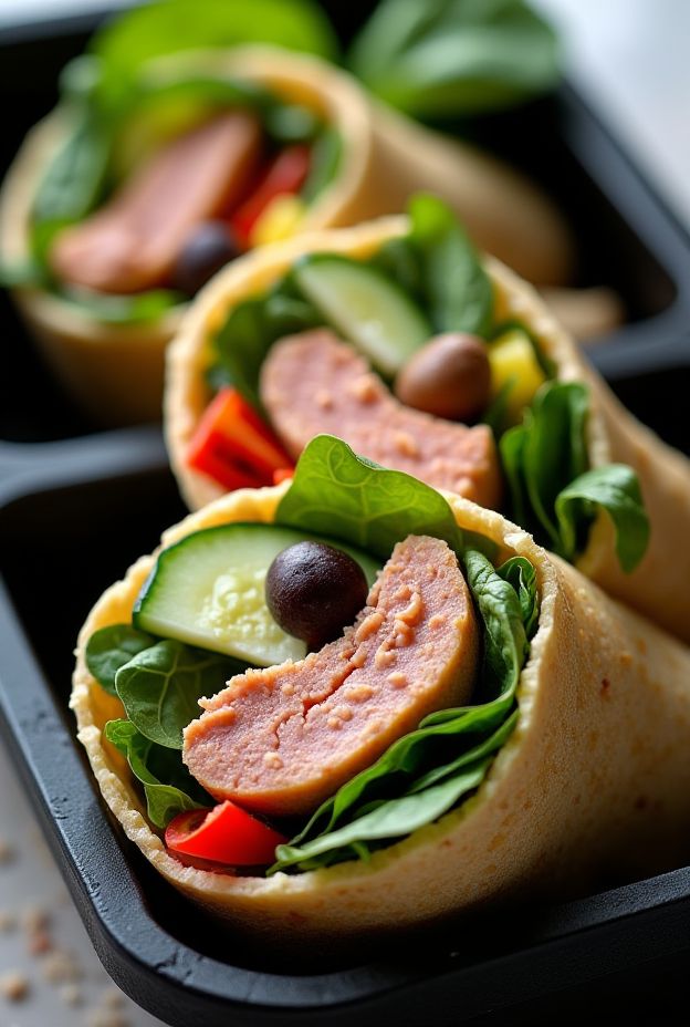 Mediterranean Tuna Wraps with whole wheat, olives, cucumber, and spinach, perfect for healthy meal prep.