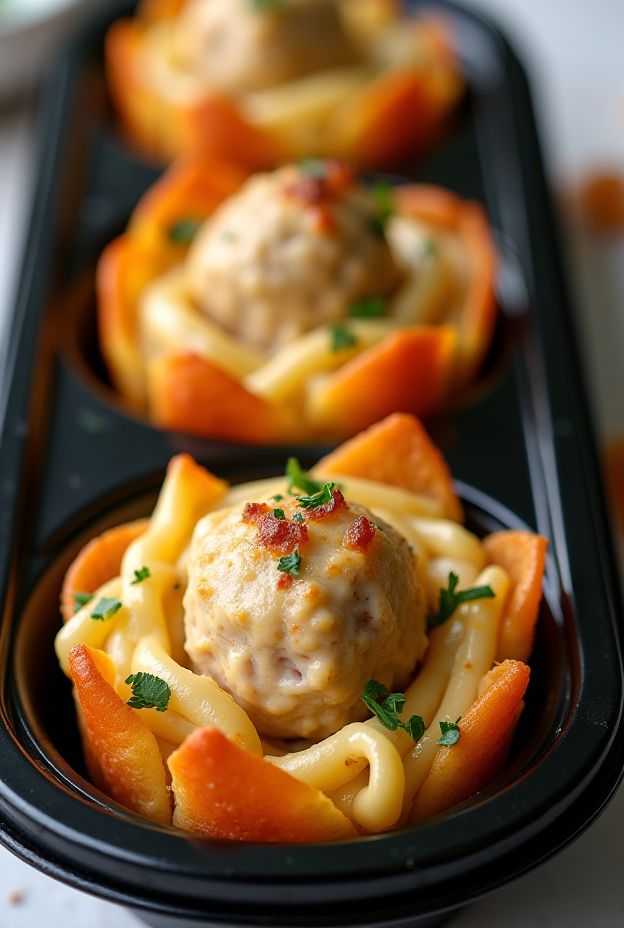 Baked mini chicken meatball pasta cups served in muffin tins, perfect for meal prep and family dinners.