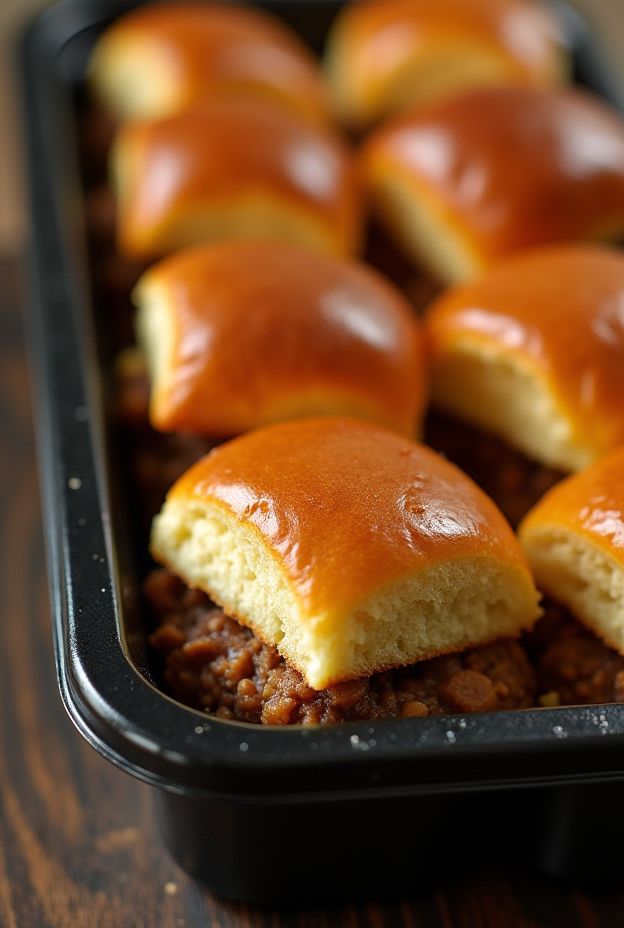 Mini Meatloaf Sliders baked with tender beef nestled between fluffy slider buns, perfect for any occasion.