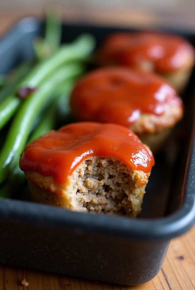 Mini Turkey Meatloaf Muffins served with green beans, perfect for meal prep and a healthy dinner.
