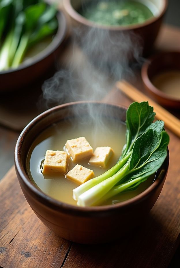 Warm miso soup with tofu cubes and fresh bok choy in a wooden bowl, showcasing a nourishing Japanese recipe.