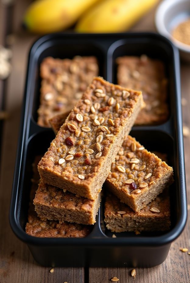 Oat and banana energy bakes stacked in a container, showcasing a healthy snack option made with oats and bananas.